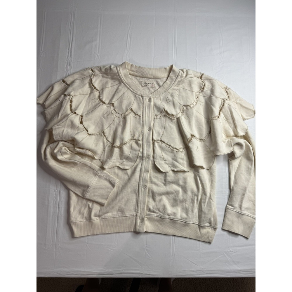 Free People Fluttercape Sweatshirt Laser Cut Ruffle Button Up Nila Cream XL RARE - Picture 2 of 9